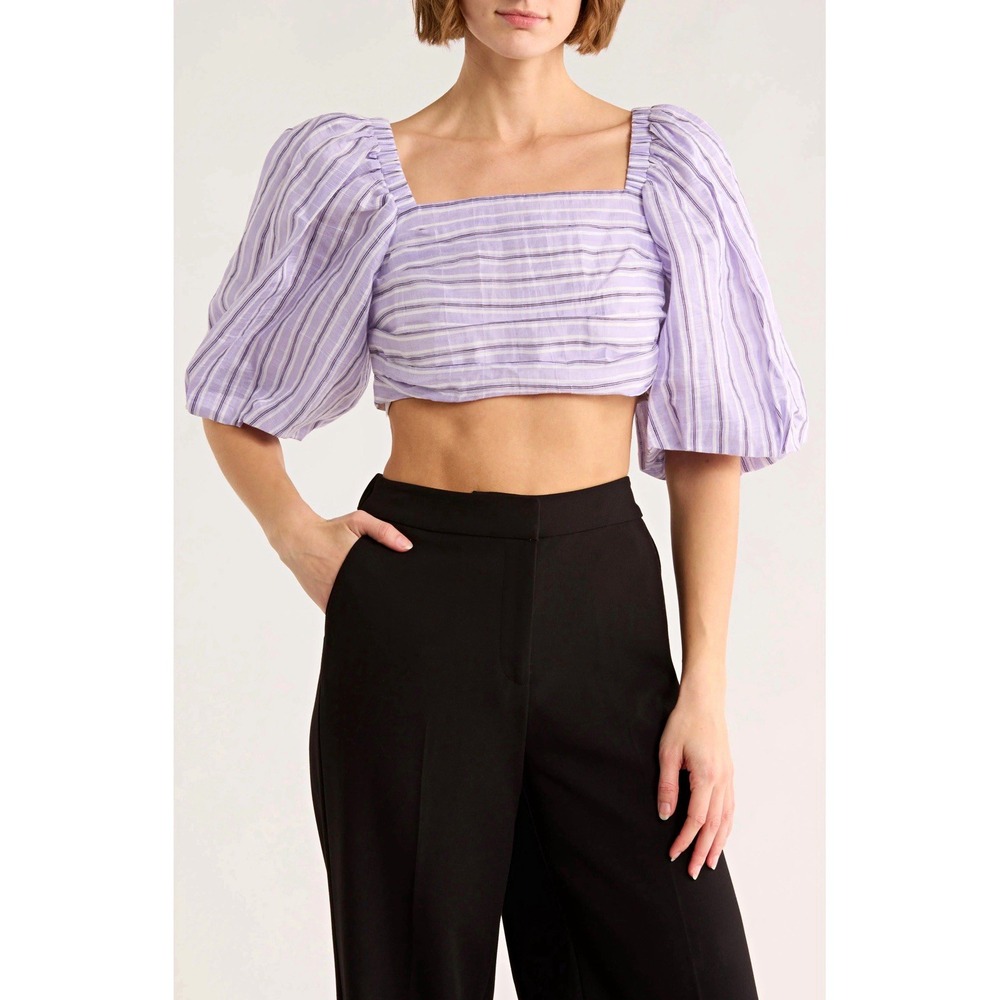 Sandro NWT Women's Striped Puff Sleeve Square Neck Crop Blouse Size 3 MSRP $265